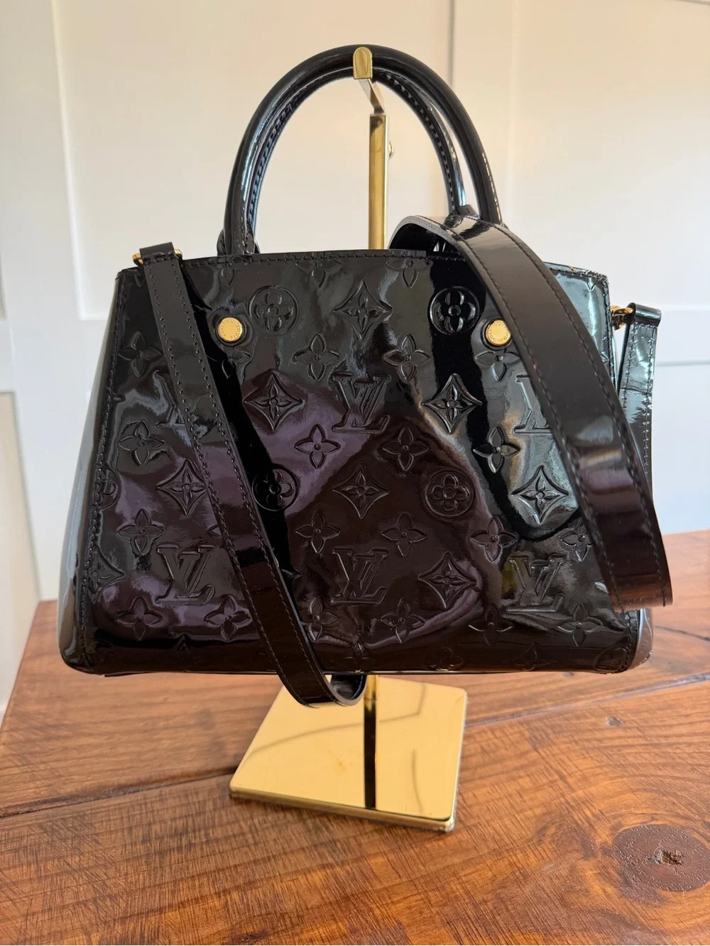 Louis Vuitton Montaigne Vernis Black Patent Leather Satchel